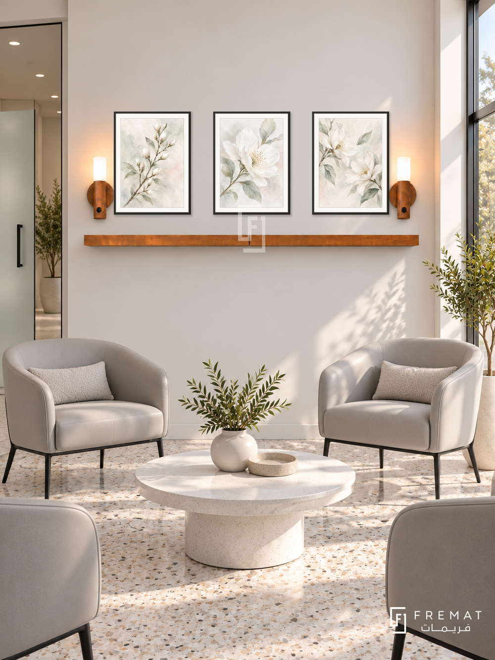 FREMAT White Blossom shelf set with three 30 x 40 cm black frames, 2 cm white borders, honey wood shelf and two warm sensor lamps. Morning private dental clinic lounge, clean warm white display wall, pale grey easy-clean chairs on black legs, white round table, terrazzo floor, sunny glazing right, frosted glass door left.