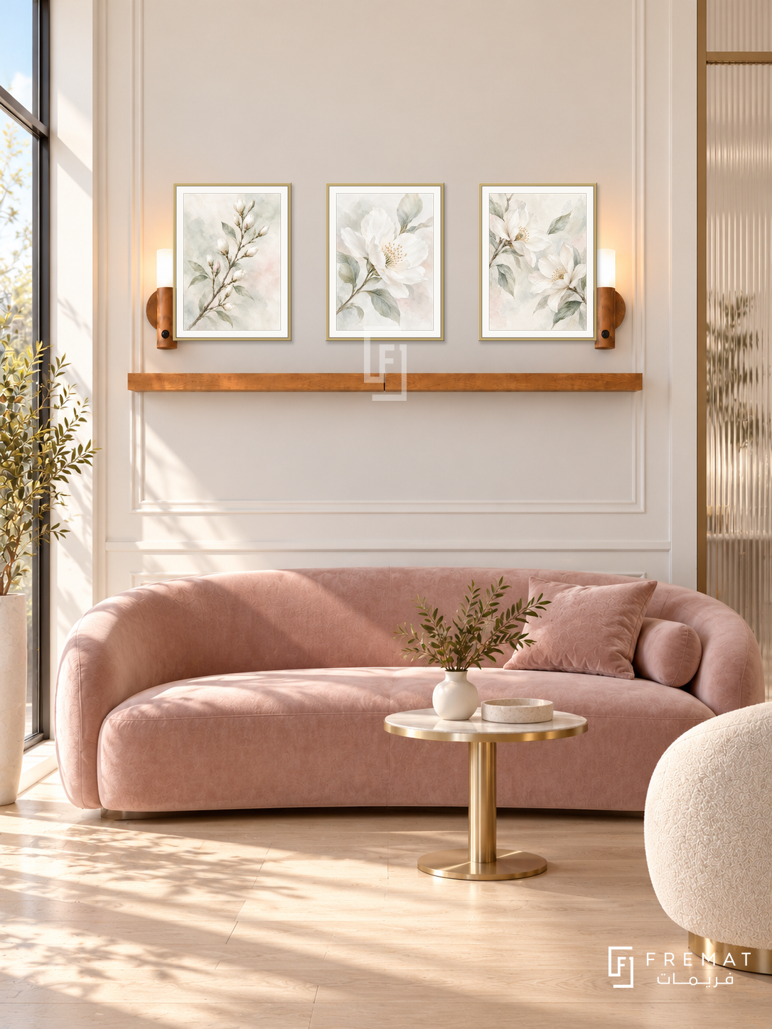 FREMAT White Blossom shelf set with three 30 x 40 cm gold frames, 2 cm white borders, honey wood shelf and two warm sensor lamps. Morning elegant skincare clinic, ivory paneled display wall, blush velvet sofa, small champagne metal table, pale oak floor, sunshine from window left, ribbed glass partition right.