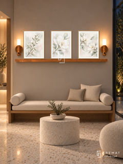 FREMAT White Blossom shelf set with three 30 x 40 cm wooden texture frames, 2 cm white borders, honey wood shelf and two warm sensor lamps. Night minimal wellness waiting room, muted taupe display wall, oak bench with off-white cushions and cylindrical bolsters, white stone drum table, cream terrazzo, garden glazing right, lit alcove left.