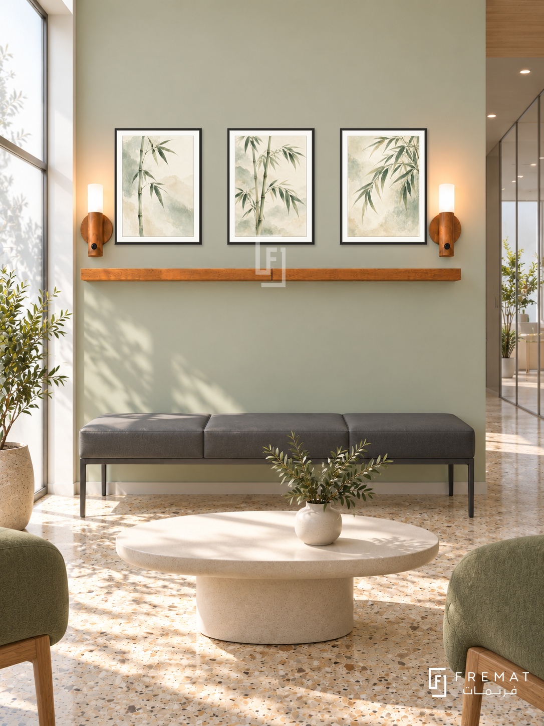 FREMAT Bamboo Calm shelf set with three 30 x 40 cm black frames, 2 cm white borders, honey wood shelf and two warm sensor lamps. Morning modern wellbeing clinic waiting room, pale bamboo green display wall, charcoal vinyl bench with steel legs, oval cream table, warm terrazzo floor, sunny frosted glazing left, glass corridor right.