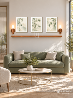 FREMAT Bamboo Calm shelf set with three 30 x 40 cm gold frames, 2 cm white borders, honey wood shelf and two warm sensor lamps. Morning refined clinic lounge, pale ivory display wall, soft green settee, slim champagne metal coffee table, light oak parquet, sunny garden glazing right, ribbed glass doorway left.
