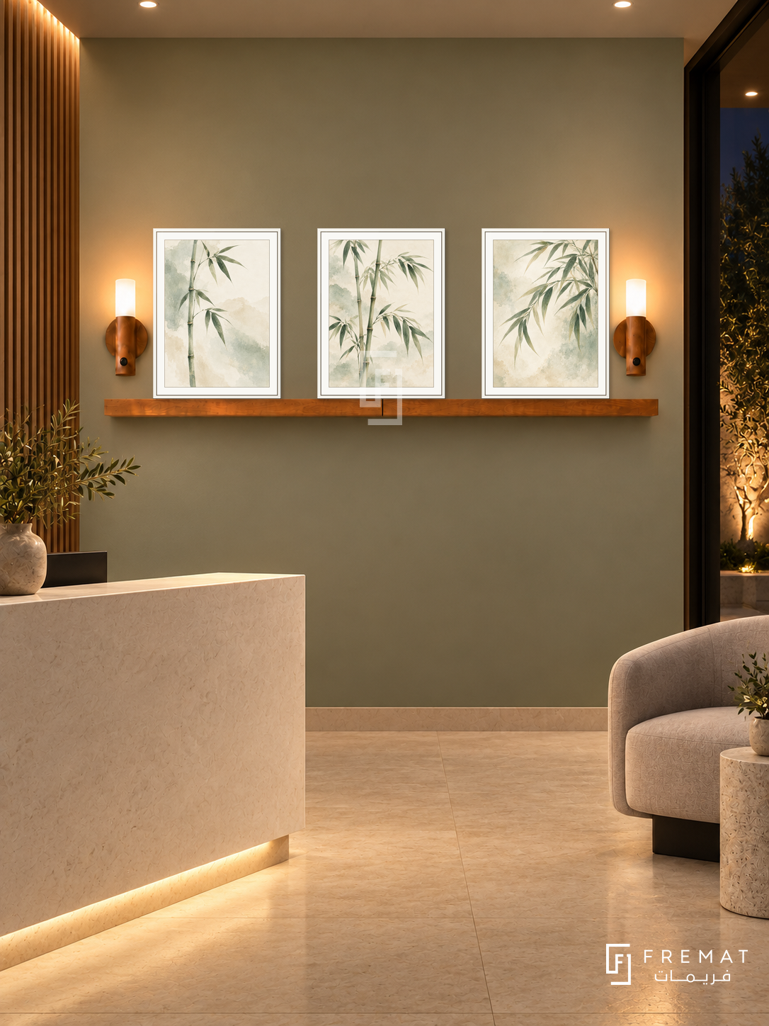 FREMAT Bamboo Calm shelf set with three 30 x 40 cm white frames, 2 cm white borders, honey wood shelf and two warm sensor lamps. Night contemporary therapy reception, warm light sage display wall, ivory angular desk lower left, pale grey chair right, cream stone floor, dark courtyard right, warm recessed light.
