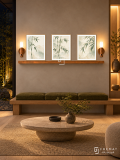 FREMAT Bamboo Calm shelf set with three 30 x 40 cm wooden texture frames, 2 cm white borders, honey wood shelf and two warm sensor lamps. Night Japanese-inspired private wellness waiting area, mushroom plaster display wall, oak bench with moss cushions, low oval stone table, pale timber floor, dark bamboo garden left, lit vertical niche right.
