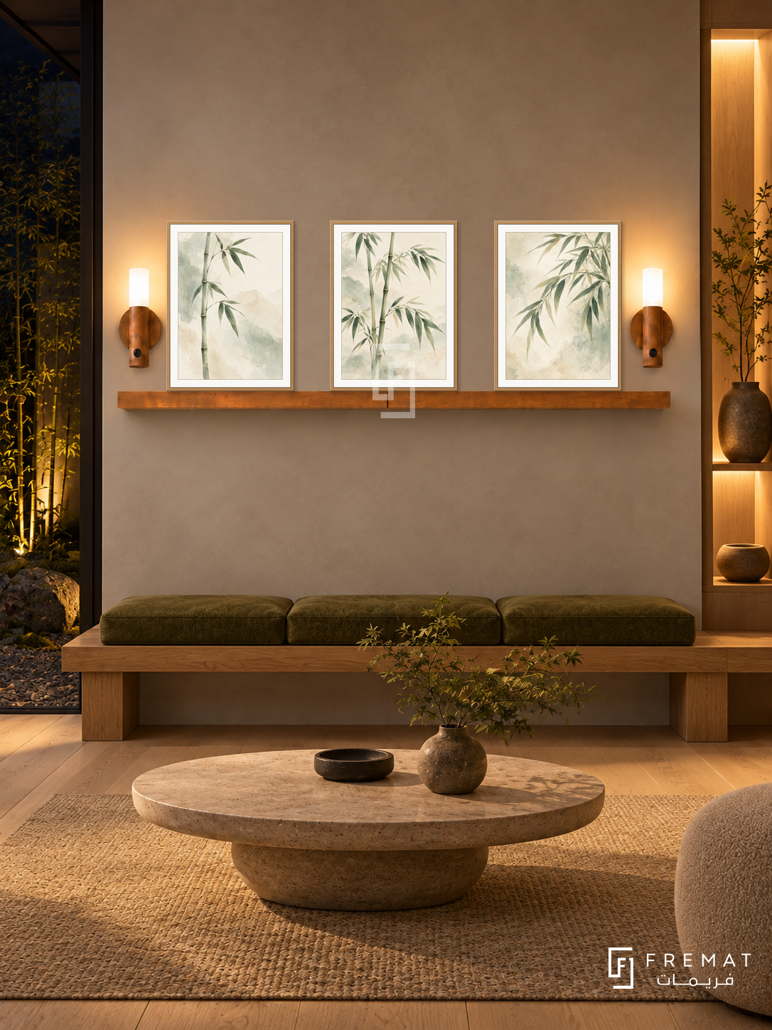 FREMAT Bamboo Calm shelf set with three 30 x 40 cm wooden texture frames, 2 cm white borders, honey wood shelf and two warm sensor lamps. Night Japanese-inspired private wellness waiting area, mushroom plaster display wall, oak bench with moss cushions, low oval stone table, pale timber floor, dark bamboo garden left, lit vertical niche right.