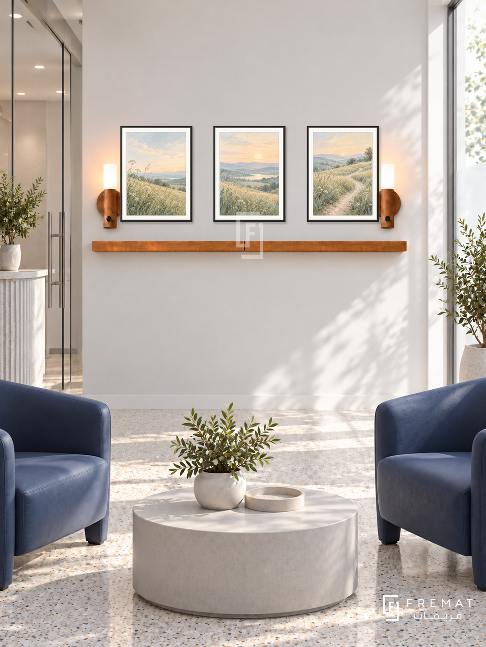 FREMAT New Light shelf set with three 30 x 40 cm black frames, 2 cm white borders, honey wood shelf and two warm sensor lamps. Morning bright modern medical reception, off-white display wall, two navy wipe-clean chairs, rounded pale grey table, light terrazzo, tall frosted sunny window right, glass door left.