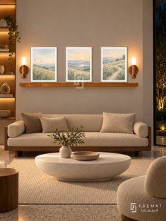 FREMAT New Light shelf set with three 30 x 40 cm wooden texture frames, 2 cm white borders, honey wood shelf and two warm sensor lamps. Night contemporary therapy lounge, warm pale taupe display wall, walnut bench with oatmeal cushions, white oval stone table, cream rug over terrazzo, dark garden right, illuminated shelves left.