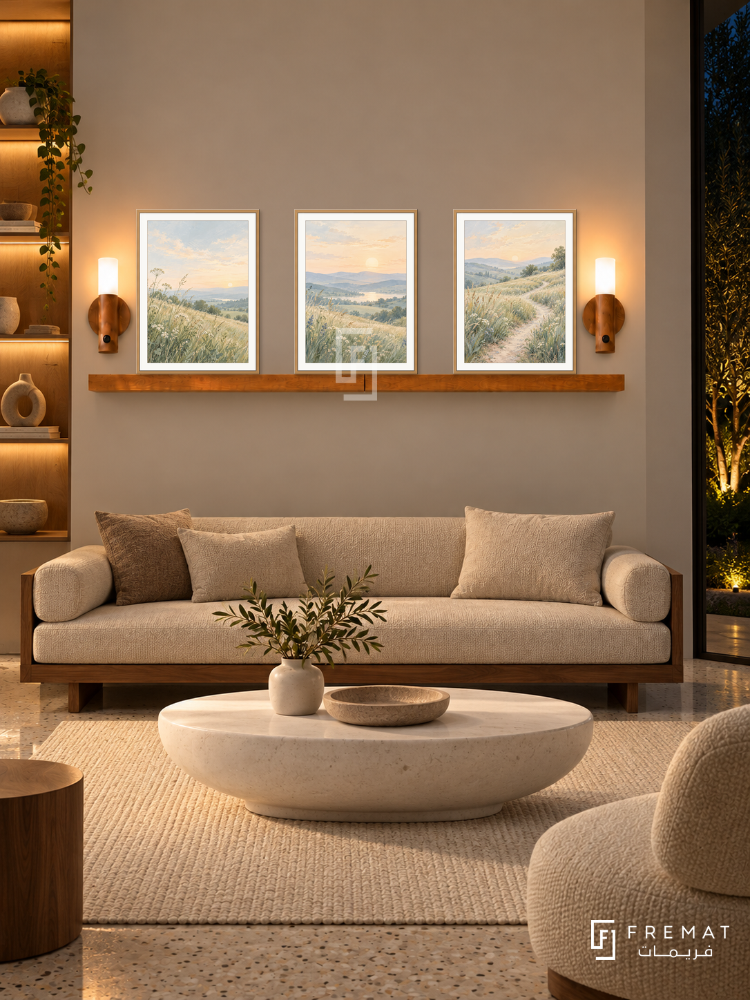 FREMAT New Light shelf set with three 30 x 40 cm wooden texture frames, 2 cm white borders, honey wood shelf and two warm sensor lamps. Night contemporary therapy lounge, warm pale taupe display wall, walnut bench with oatmeal cushions, white oval stone table, cream rug over terrazzo, dark garden right, illuminated shelves left.