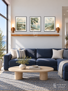 FREMAT Tidal Botanicals shelf set with three 30 x 40 cm black frames, 2 cm white borders, honey wood shelf and two warm sensor lamps. Morning coastal contemporary living room, chalk white wall, navy modular sofa, pale oval oak coffee table, woven blue rug, tall sea-facing window left and recessed doorway right.