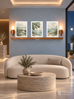 FREMAT Tidal Botanicals shelf set with three 30 x 40 cm white frames, 2 cm white borders, honey wood shelf and two warm sensor lamps. Night modern seaside reception, mist blue plaster, cream curved sofa, cylindrical travertine table, limestone floor, moonlit terrace right, softly lit stepped ceiling.