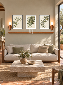 FREMAT Olive Orchard shelf set with three 30 x 40 cm black frames, 2 cm white borders, honey wood shelf and two warm sensor lamps. Morning Mediterranean living room, pale olive plaster, oatmeal sofa with walnut arms, low square stone coffee table, terracotta floor, olive garden through right glass doors.