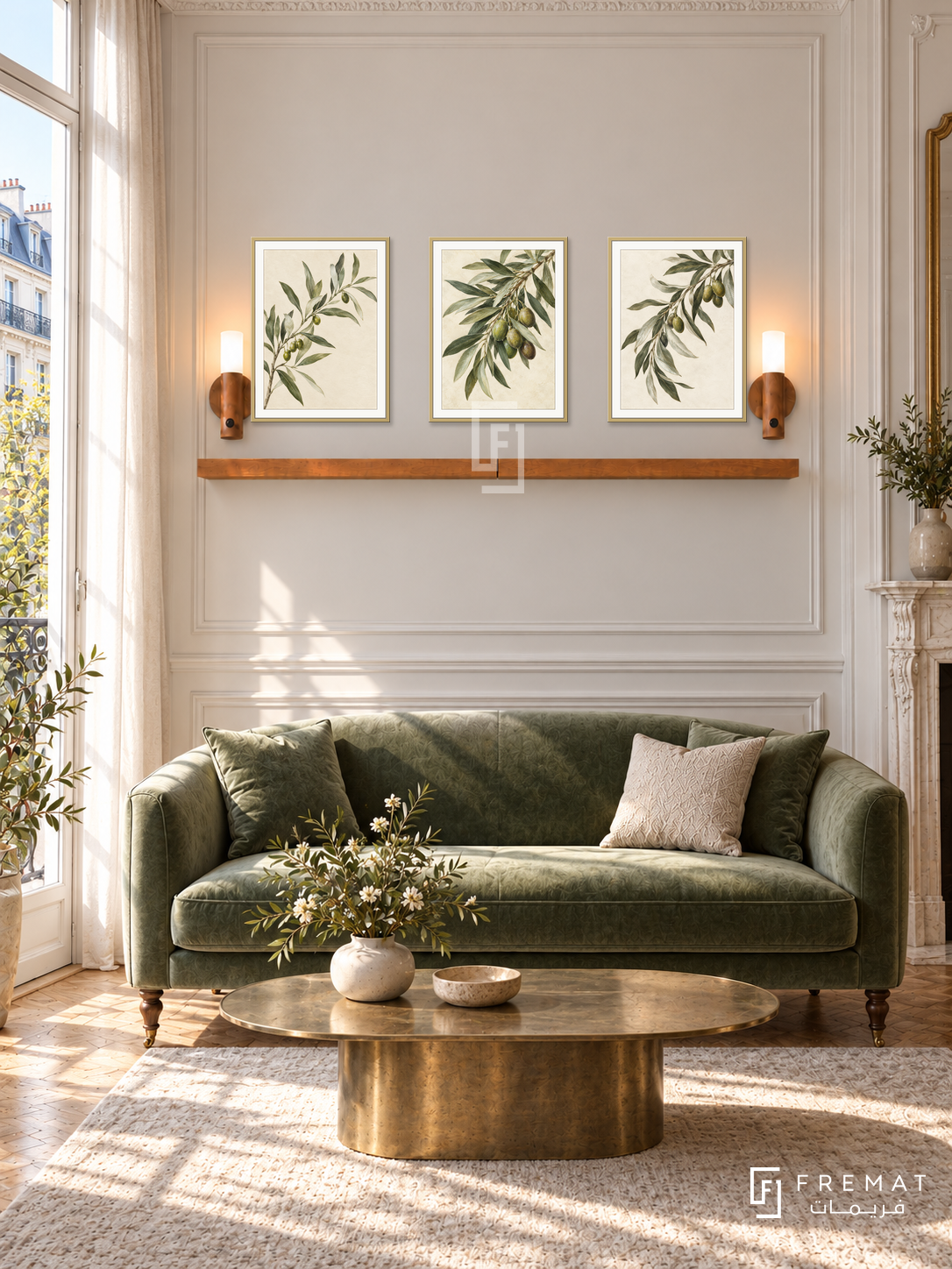 FREMAT Olive Orchard shelf set with three 30 x 40 cm gold frames, 2 cm white borders, honey wood shelf and two warm sensor lamps. Morning classic Parisian reception, ivory moulding, muted green velvet loveseat, antique brass oval table, parquet, tall French window left with sheer curtains.