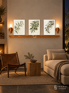 FREMAT Olive Orchard shelf set with three 30 x 40 cm wooden texture frames, 2 cm white borders, honey wood shelf and two warm sensor lamps. Night rustic modern reading lounge, warm cream limewash, leather sling chair left and oatmeal chaise right, solid oak block table, slate tiles, dark garden glazing right.