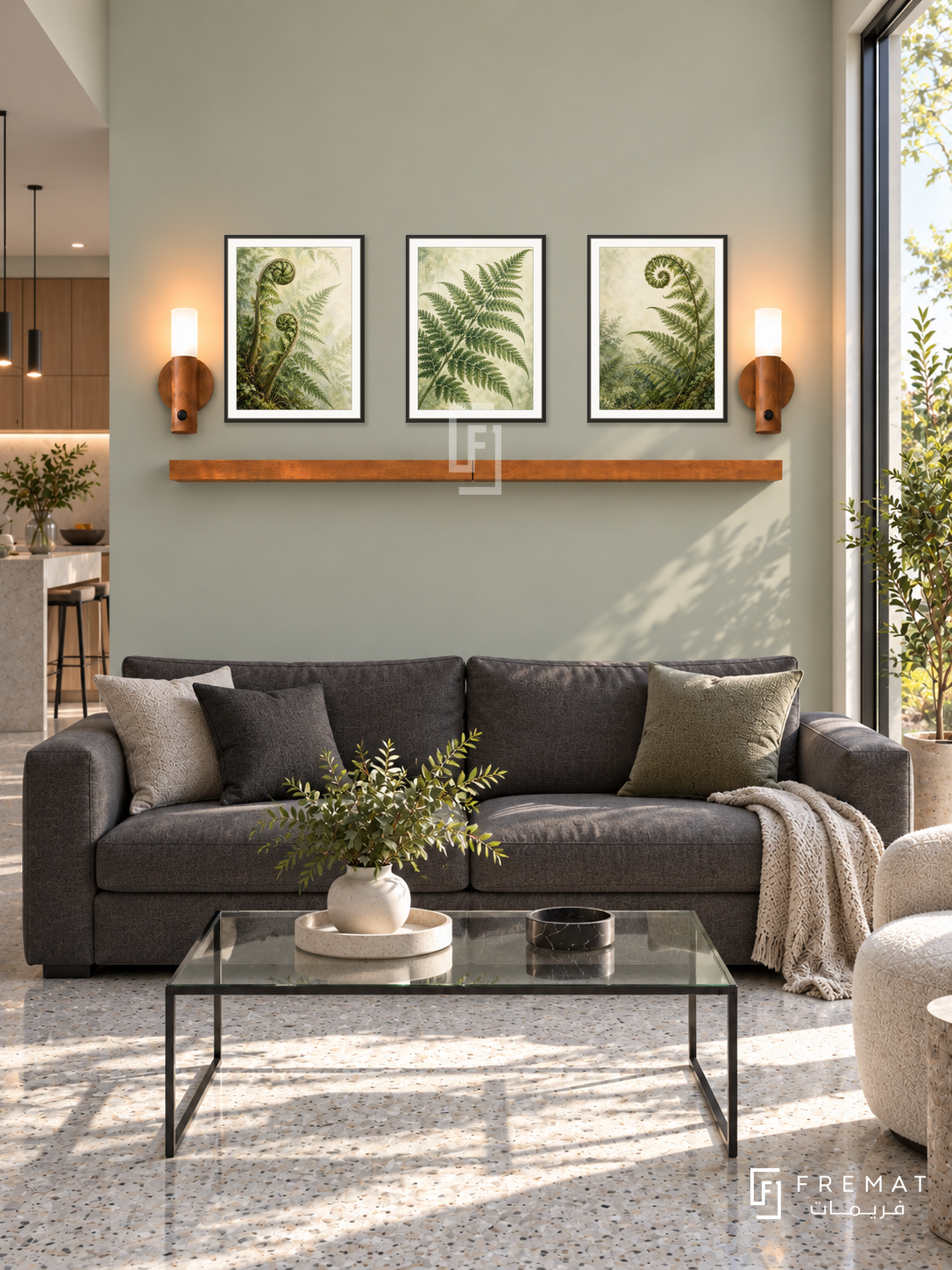 FREMAT Fern Sanctuary shelf set with three 30 x 40 cm black frames, 2 cm white borders, honey wood shelf and two warm sensor lamps. Morning modern conservatory living room, pale fern wall, charcoal low sofa, rectangular glass coffee table on black steel, grey terrazzo, large garden window right, open kitchen left.