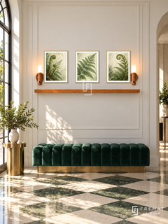 FREMAT Fern Sanctuary shelf set with three 30 x 40 cm gold frames, 2 cm white borders, honey wood shelf and two warm sensor lamps. Morning Art Deco entrance, ivory wall with restrained geometric moulding, emerald scalloped bench, brass side pedestal, cream chequered floor, tall window left.