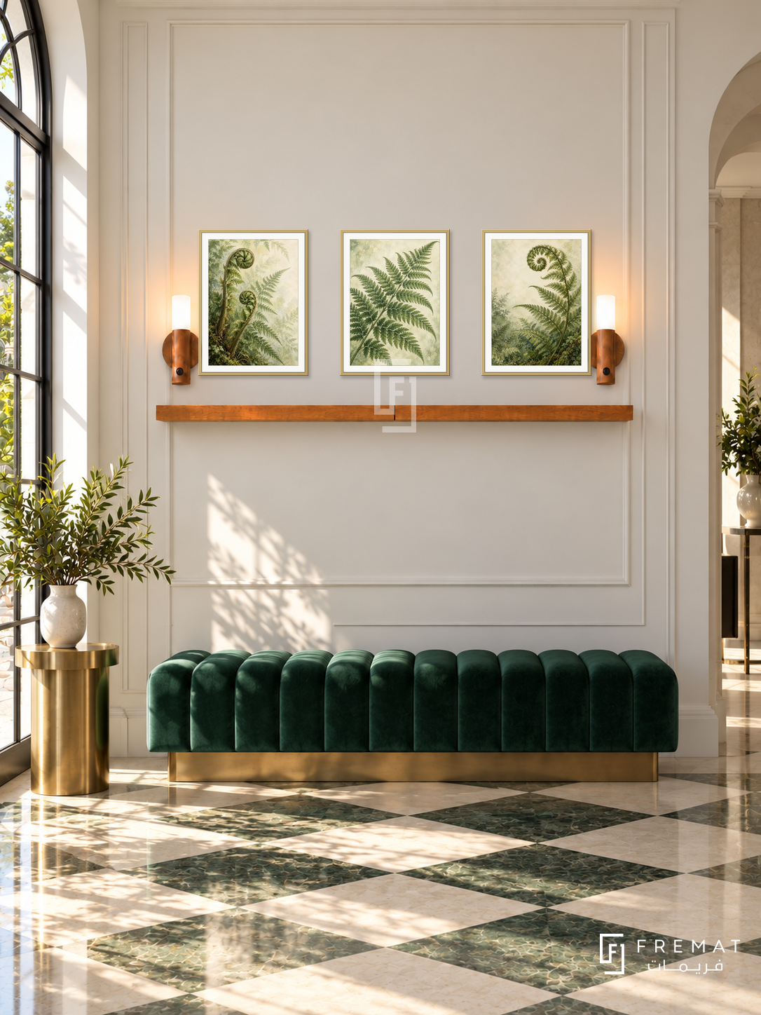 FREMAT Fern Sanctuary shelf set with three 30 x 40 cm gold frames, 2 cm white borders, honey wood shelf and two warm sensor lamps. Morning Art Deco entrance, ivory wall with restrained geometric moulding, emerald scalloped bench, brass side pedestal, cream chequered floor, tall window left.