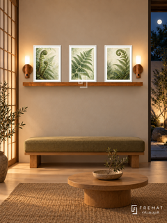 FREMAT Fern Sanctuary shelf set with three 30 x 40 cm white frames, 2 cm white borders, honey wood shelf and two warm sensor lamps. Night serene Japanese reception, warm white plaster, sage linen bench, squat oak table, pale timber floor, shoji screen left and moonlit courtyard right.