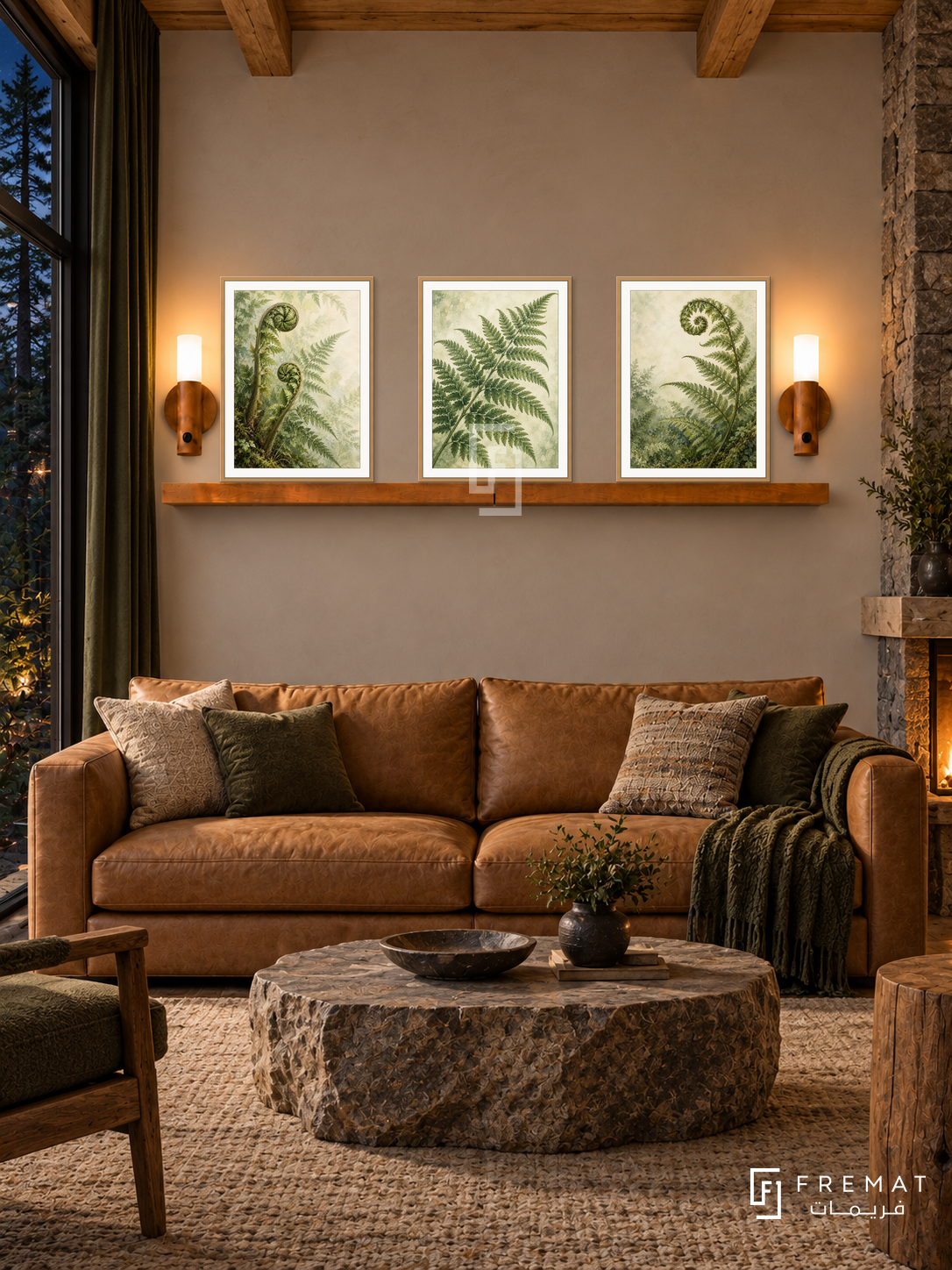 FREMAT Fern Sanctuary shelf set with three 30 x 40 cm wooden texture frames, 2 cm white borders, honey wood shelf and two warm sensor lamps. Night forest cabin lounge, pale clay wall, tan leather sofa, rough stone low table, timber ceiling beams and deep green curtains, forest window left.