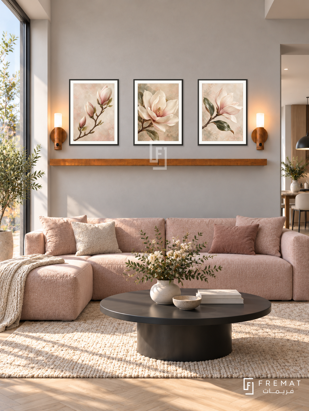 FREMAT Magnolia Dawn shelf set with three 30 x 40 cm black frames, 2 cm white borders, honey wood shelf and two warm sensor lamps. Morning contemporary floral-inspired living room, warm grey plaster, blush modular sofa, black round coffee table, pale parquet, glazing left, wide open passage right.