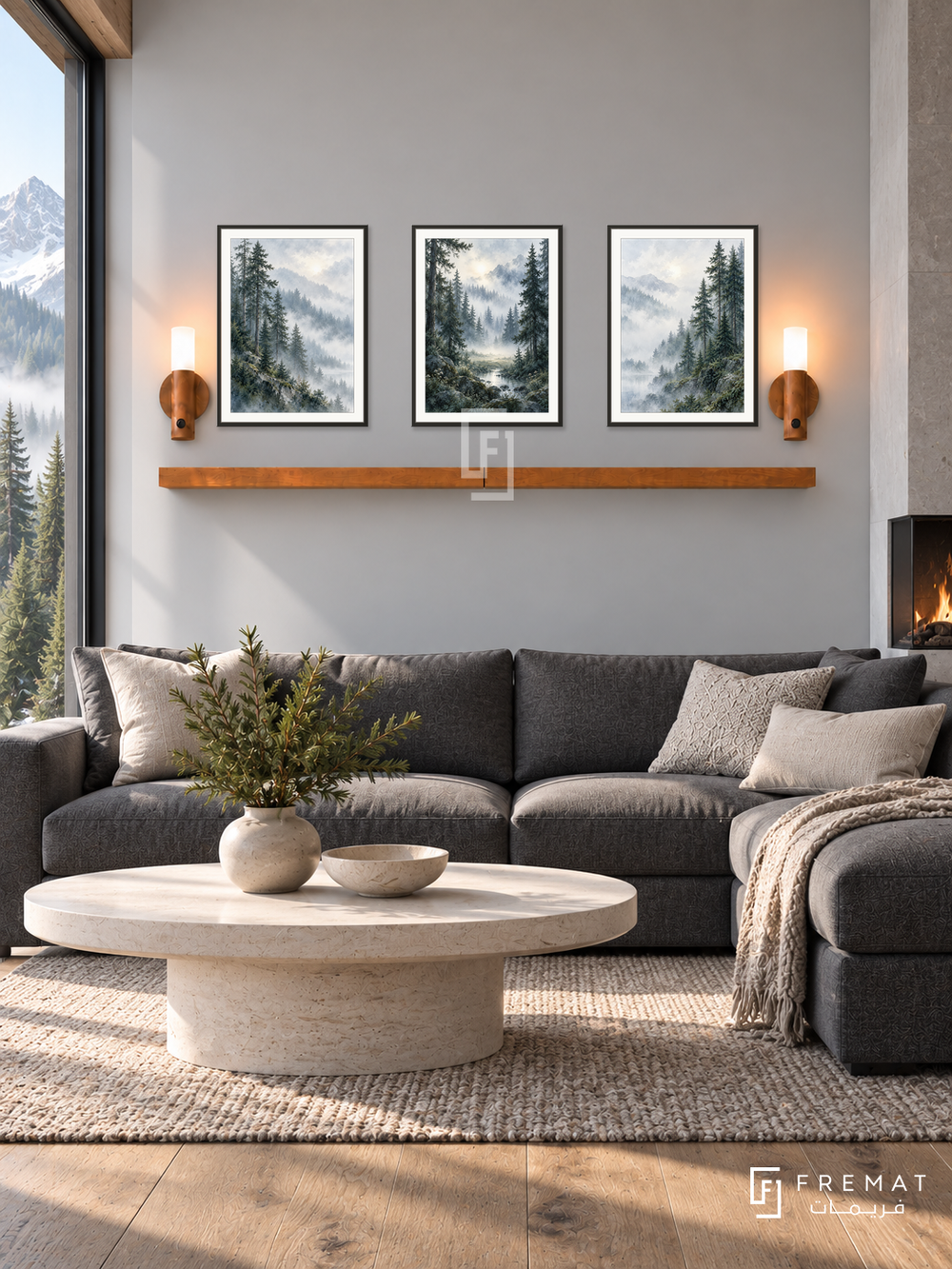 FREMAT Misty Pines shelf set with three 30 x 40 cm black frames, 2 cm white borders, honey wood shelf and two warm sensor lamps. Morning alpine modern living room, mist grey wall, charcoal wool sectional, oval limestone table, wide plank oak floor, pine forest window left, recessed fireplace far right.
