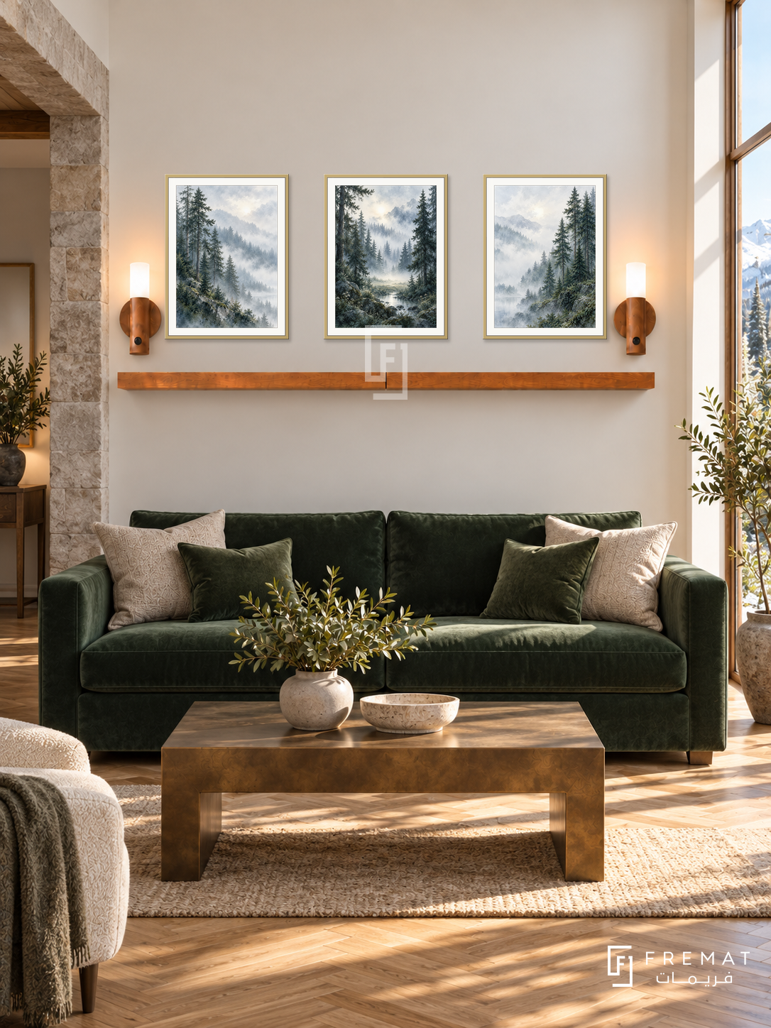 FREMAT Misty Pines shelf set with three 30 x 40 cm gold frames, 2 cm white borders, honey wood shelf and two warm sensor lamps. Morning refined mountain lodge reception, ivory wall, deep green velvet sofa, bronze rectangular coffee table, oak parquet, tall sunlit window right, stone doorway left.