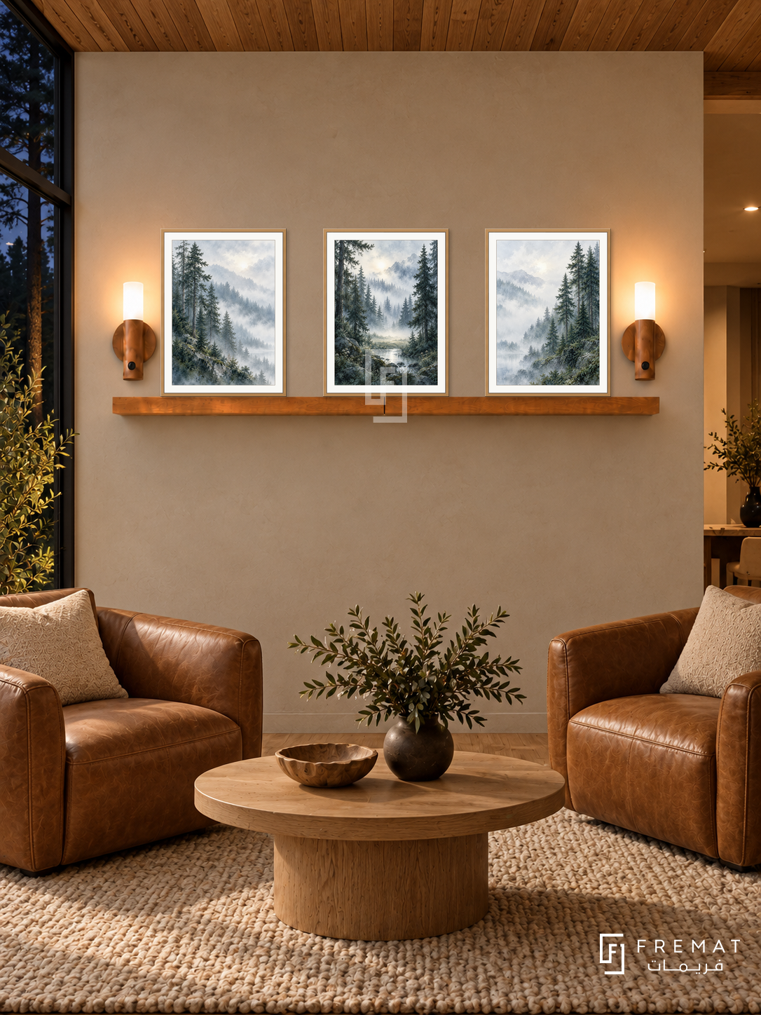 FREMAT Misty Pines shelf set with three 30 x 40 cm wooden texture frames, 2 cm white borders, honey wood shelf and two warm sensor lamps. Night contemporary timber retreat, beige plaster wall, caramel leather armchairs, round oak table, wool rug, black framed forest window left, wooden ceiling.