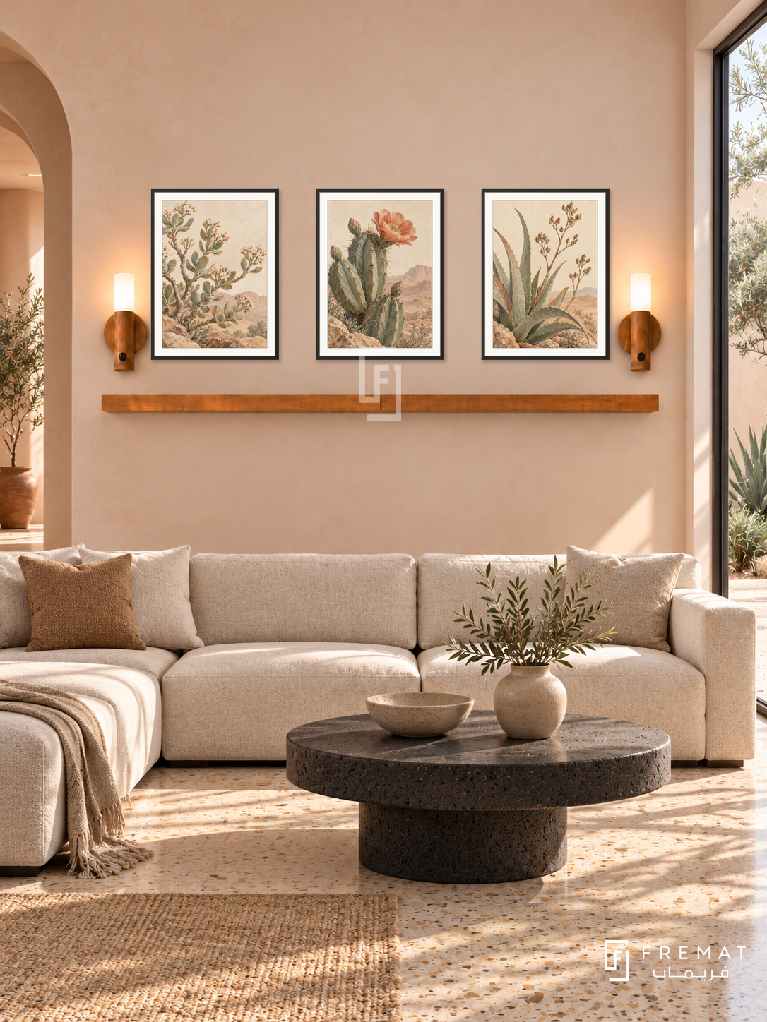 FREMAT Desert Bloom shelf set with three 30 x 40 cm black frames, 2 cm white borders, honey wood shelf and two warm sensor lamps. Morning desert modern lounge, pale peach plaster, oatmeal low sectional, black volcanic stone table, sand terrazzo, courtyard window right and adobe arch left.