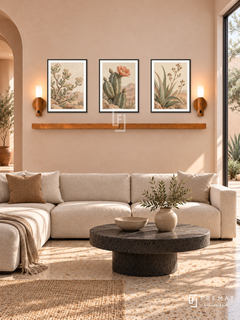 FREMAT Desert Bloom shelf set with three 30 x 40 cm black frames, 2 cm white borders, honey wood shelf and two warm sensor lamps. Morning desert modern lounge, pale peach plaster, oatmeal low sectional, black volcanic stone table, sand terrazzo, courtyard window right and adobe arch left.