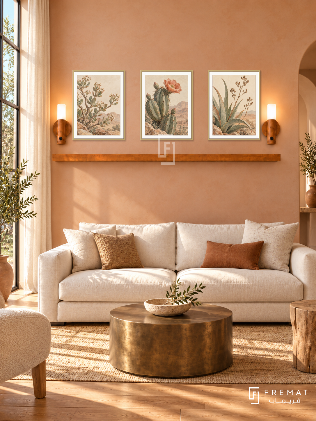 FREMAT Desert Bloom shelf set with three 30 x 40 cm gold frames, 2 cm white borders, honey wood shelf and two warm sensor lamps. Morning elegant southwestern reception, pale terracotta wall, cream sofa, bronze drum table, honey oak floor, tall garden window left with linen curtains.