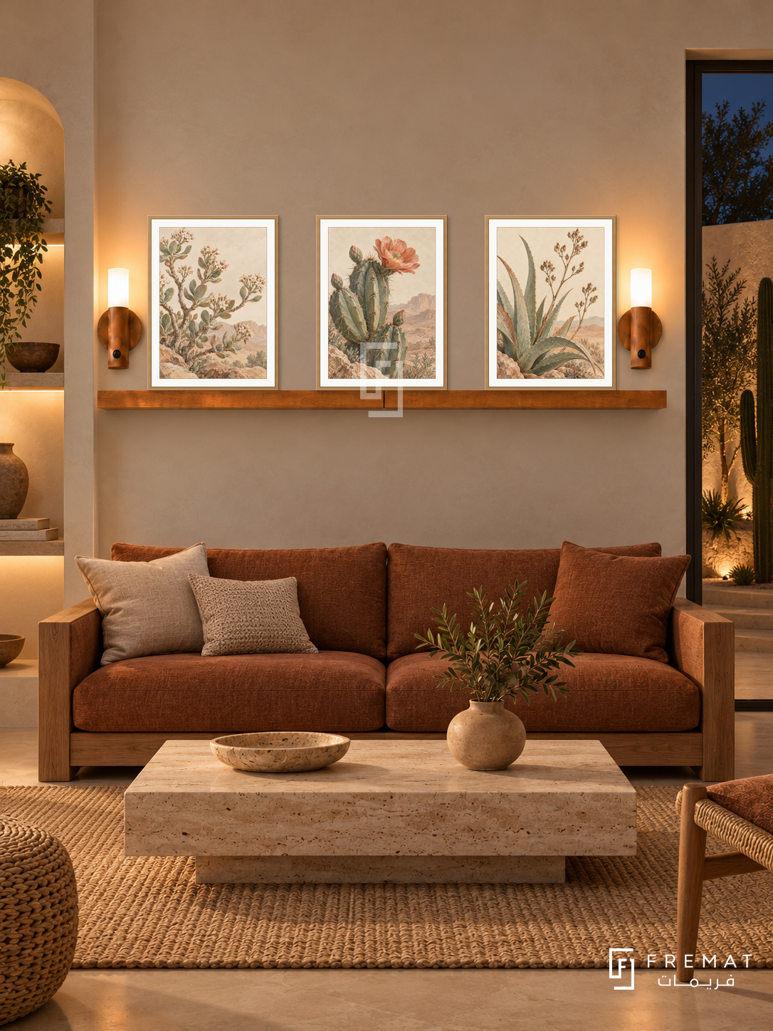 FREMAT Desert Bloom shelf set with three 30 x 40 cm wooden texture frames, 2 cm white borders, honey wood shelf and two warm sensor lamps. Night organic desert living room, beige limewash, rust linen sofa with timber arms, broad low travertine table, woven rug, cactus courtyard right and open niche left.