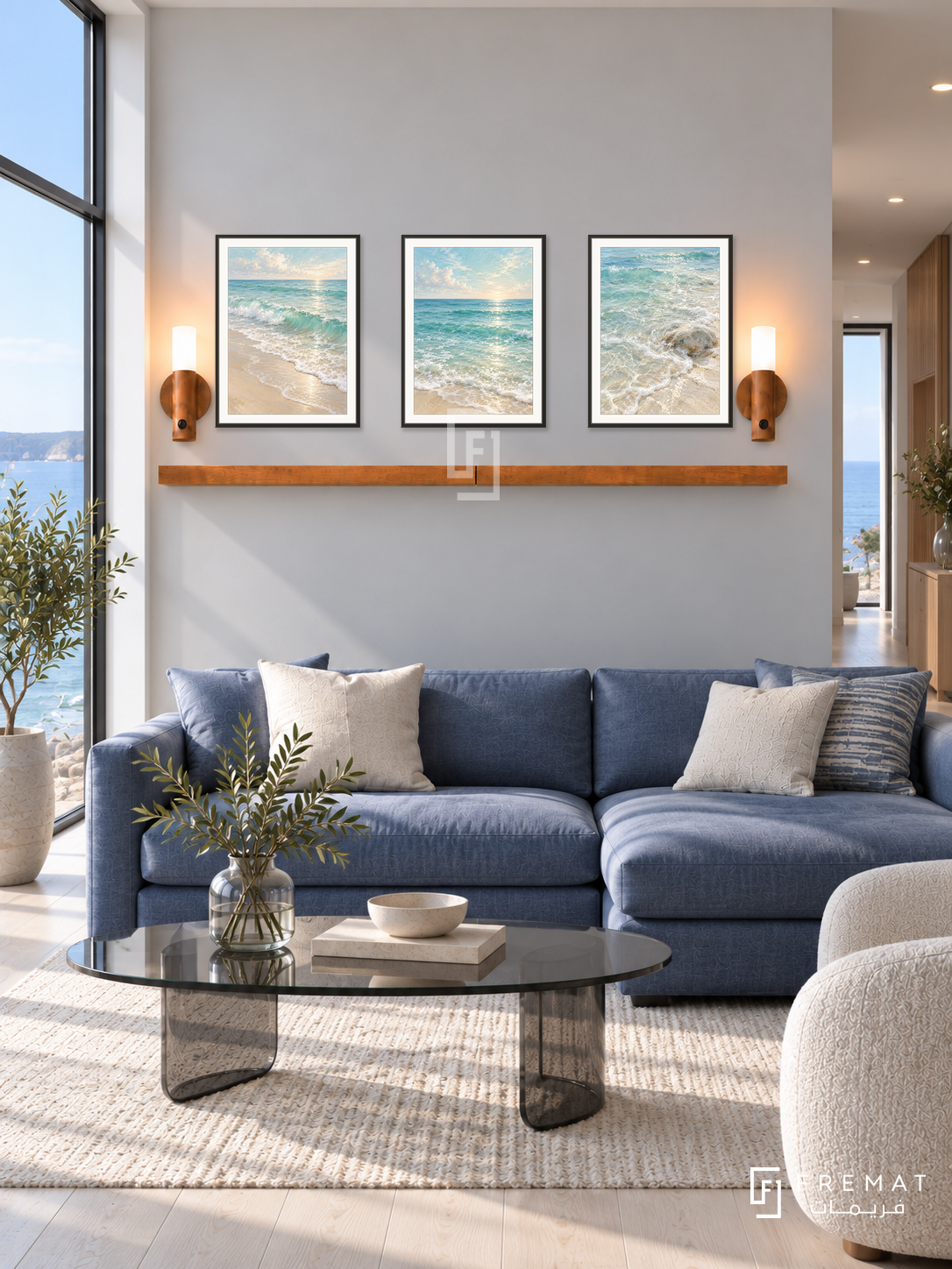 FREMAT Ocean Breath shelf set with three 30 x 40 cm black frames, 2 cm white borders, honey wood shelf and two warm sensor lamps. Morning contemporary ocean apartment, pearl grey plaster, blue linen sofa, smoked glass oval table, whitewashed oak floor, panoramic sea window left, hallway right.