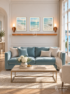 FREMAT Ocean Breath shelf set with three 30 x 40 cm gold frames, 2 cm white borders, honey wood shelf and two warm sensor lamps. Morning elegant waterfront reception, ivory moulding, aqua velvet sofa, champagne rectangular table, parquet, French windows right and curved opening left.