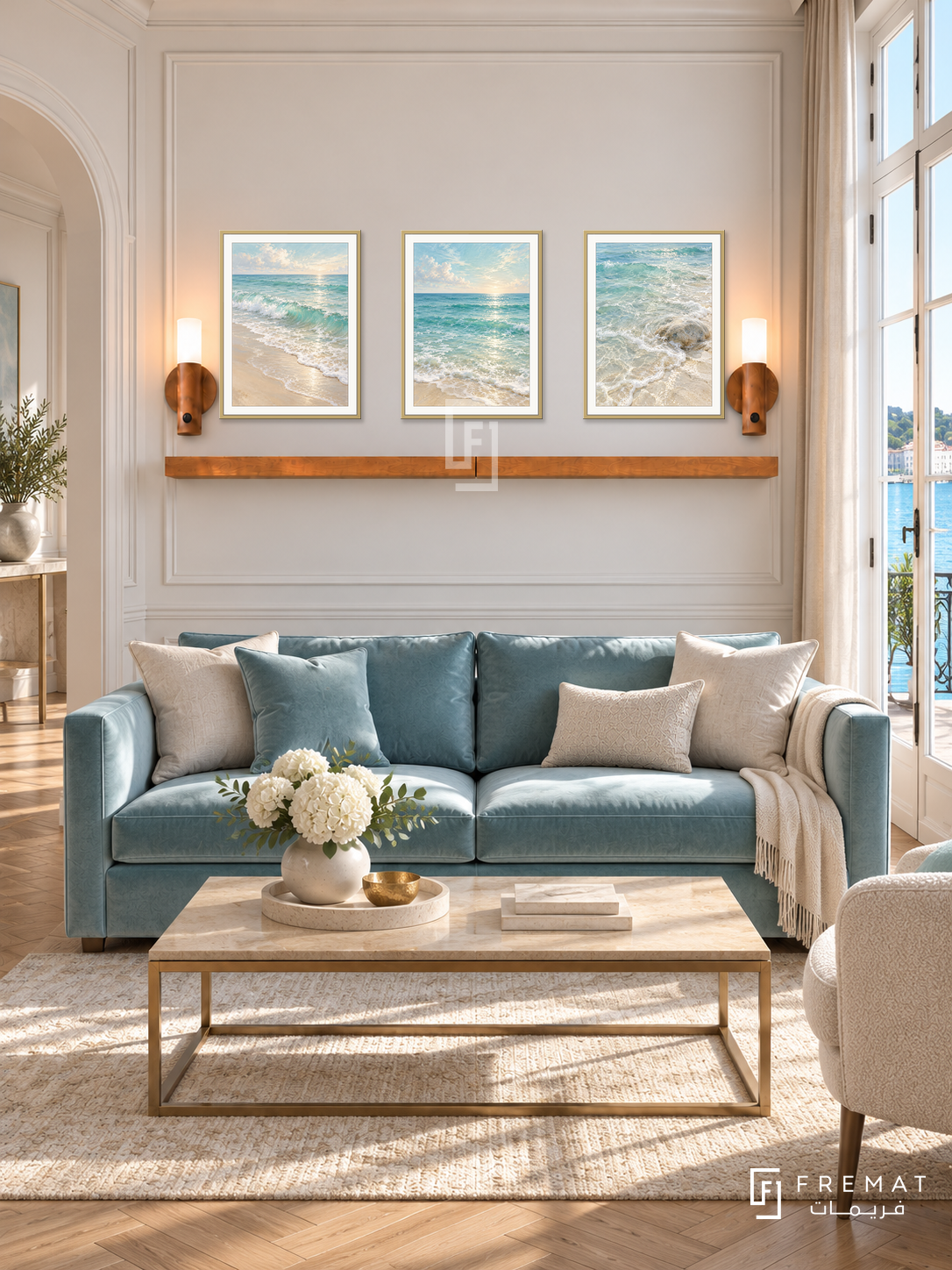 FREMAT Ocean Breath shelf set with three 30 x 40 cm gold frames, 2 cm white borders, honey wood shelf and two warm sensor lamps. Morning elegant waterfront reception, ivory moulding, aqua velvet sofa, champagne rectangular table, parquet, French windows right and curved opening left.