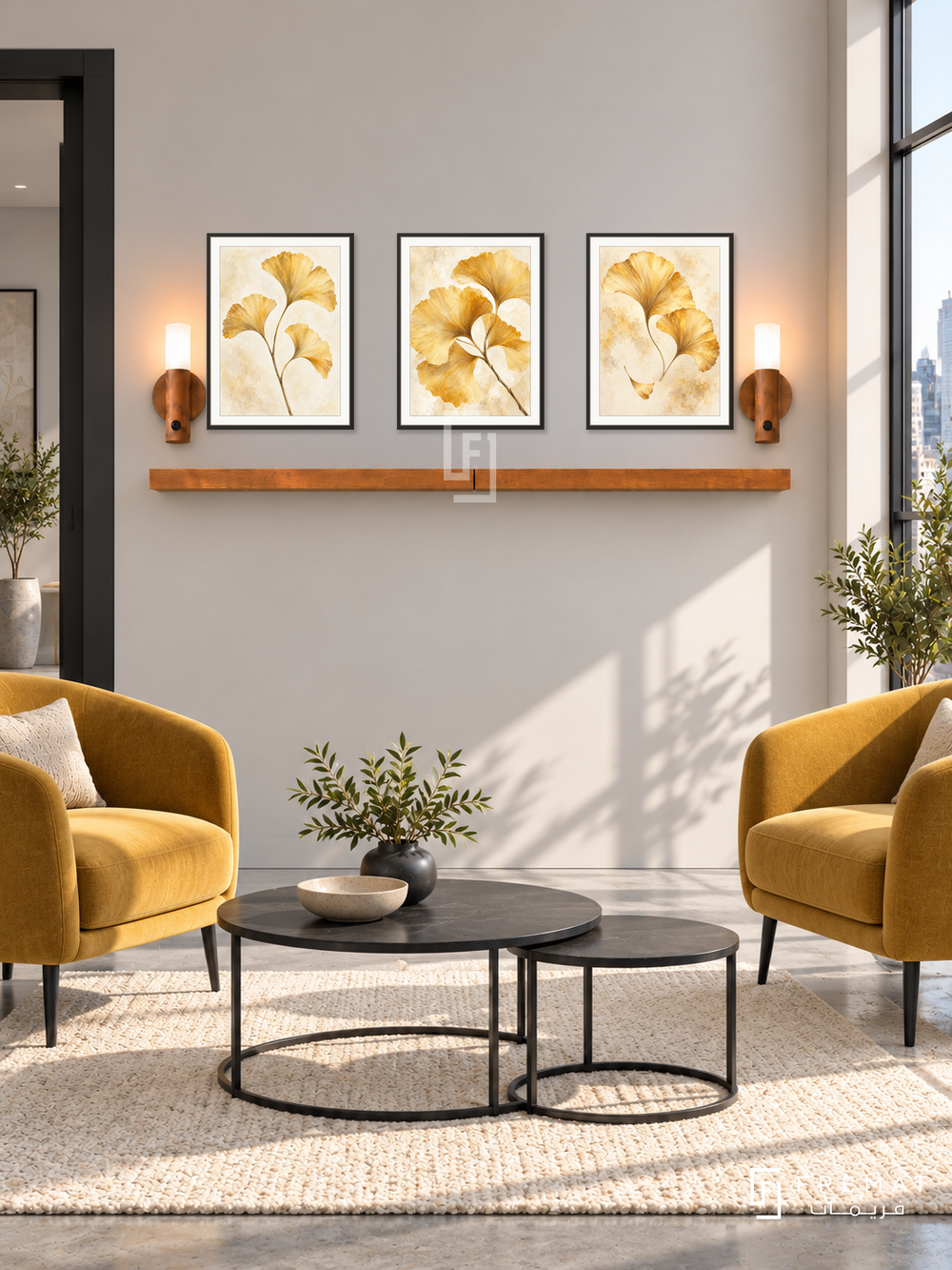 FREMAT Ginkgo Gold shelf set with three 30 x 40 cm black frames, 2 cm white borders, honey wood shelf and two warm sensor lamps. Morning urban contemporary lounge, pale warm grey wall, mustard accent armchairs, black metal nesting tables, concrete floor with cream rug, broad window right, black doorway left.