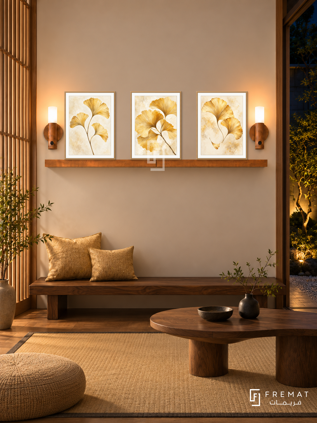 FREMAT Ginkgo Gold shelf set with three 30 x 40 cm wooden texture frames, 2 cm white borders, honey wood shelf and two warm sensor lamps. Night Japanese modern reading room, pale beige wall, low walnut bench with golden cushions, asymmetrical oak table, tatami-toned rug, courtyard right, timber screen left.