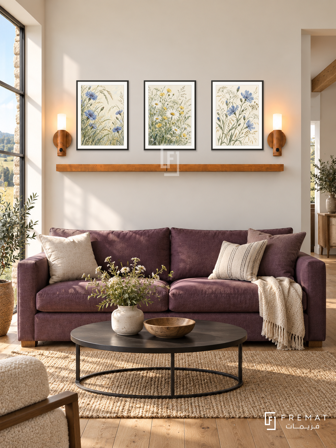 FREMAT Wildflower Meadow shelf set with three 30 x 40 cm black frames, 2 cm white borders, honey wood shelf and two warm sensor lamps. Morning contemporary country lounge, soft ivory wall, plum linen sofa, black round coffee table, oak floor, meadow view through window left, broad doorway right.