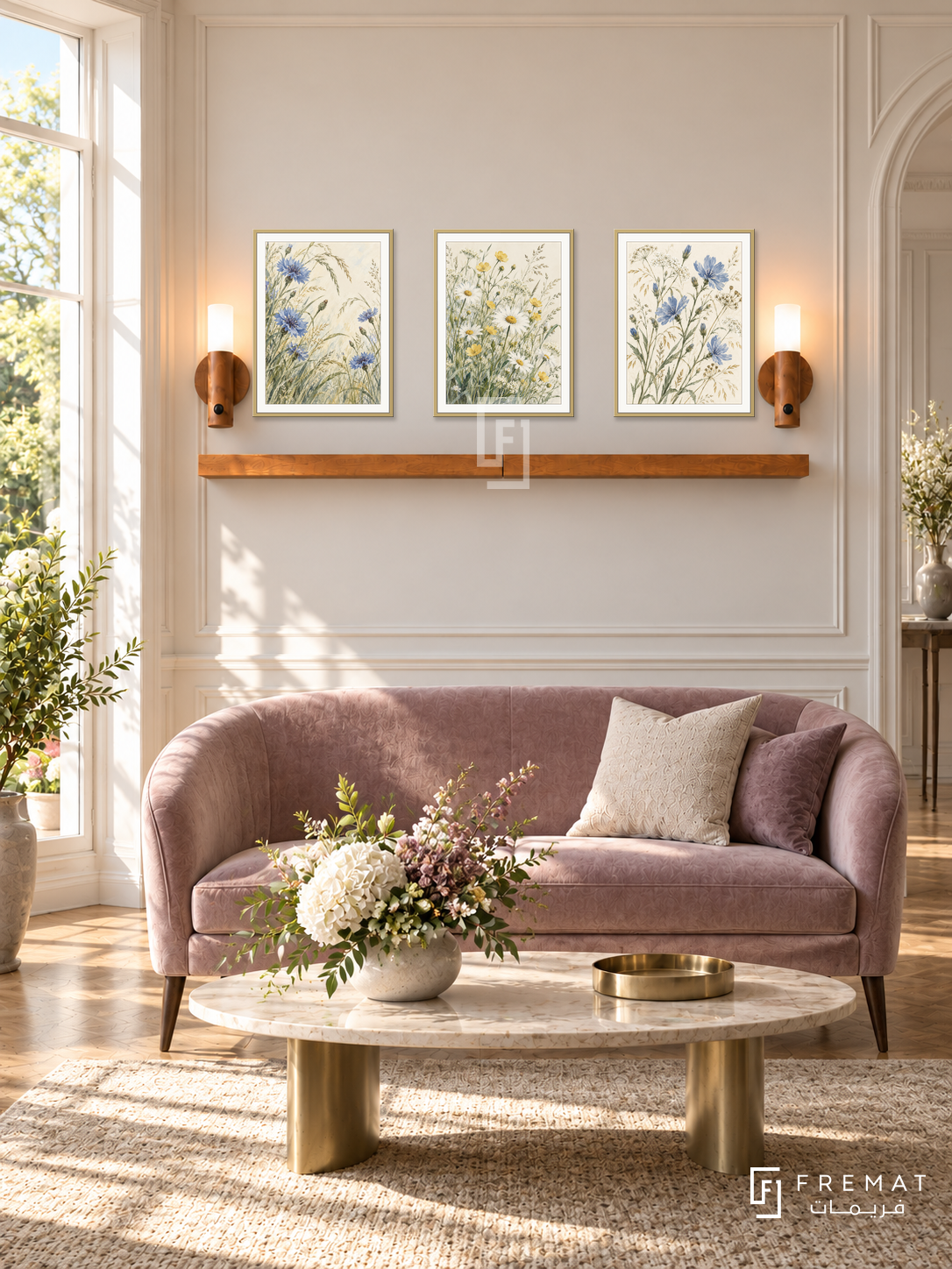 FREMAT Wildflower Meadow shelf set with three 30 x 40 cm gold frames, 2 cm white borders, honey wood shelf and two warm sensor lamps. Morning elegant garden reception, cream moulding, mauve velvet loveseat, champagne oval table, parquet, bright bay window left, floral arrangement low in foreground.