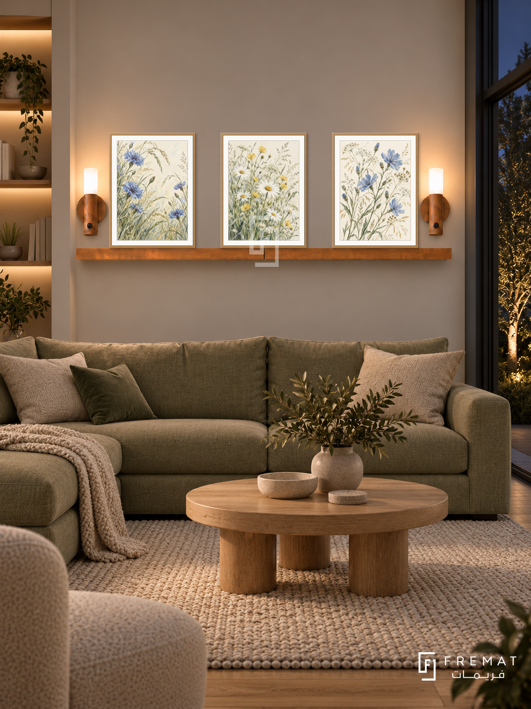 FREMAT Wildflower Meadow shelf set with three 30 x 40 cm wooden texture frames, 2 cm white borders, honey wood shelf and two warm sensor lamps. Night Scandinavian family room, warm grey wall, sage fabric sectional, rounded oak table, textured wool rug, garden glazing right, asymmetrical shelving left.