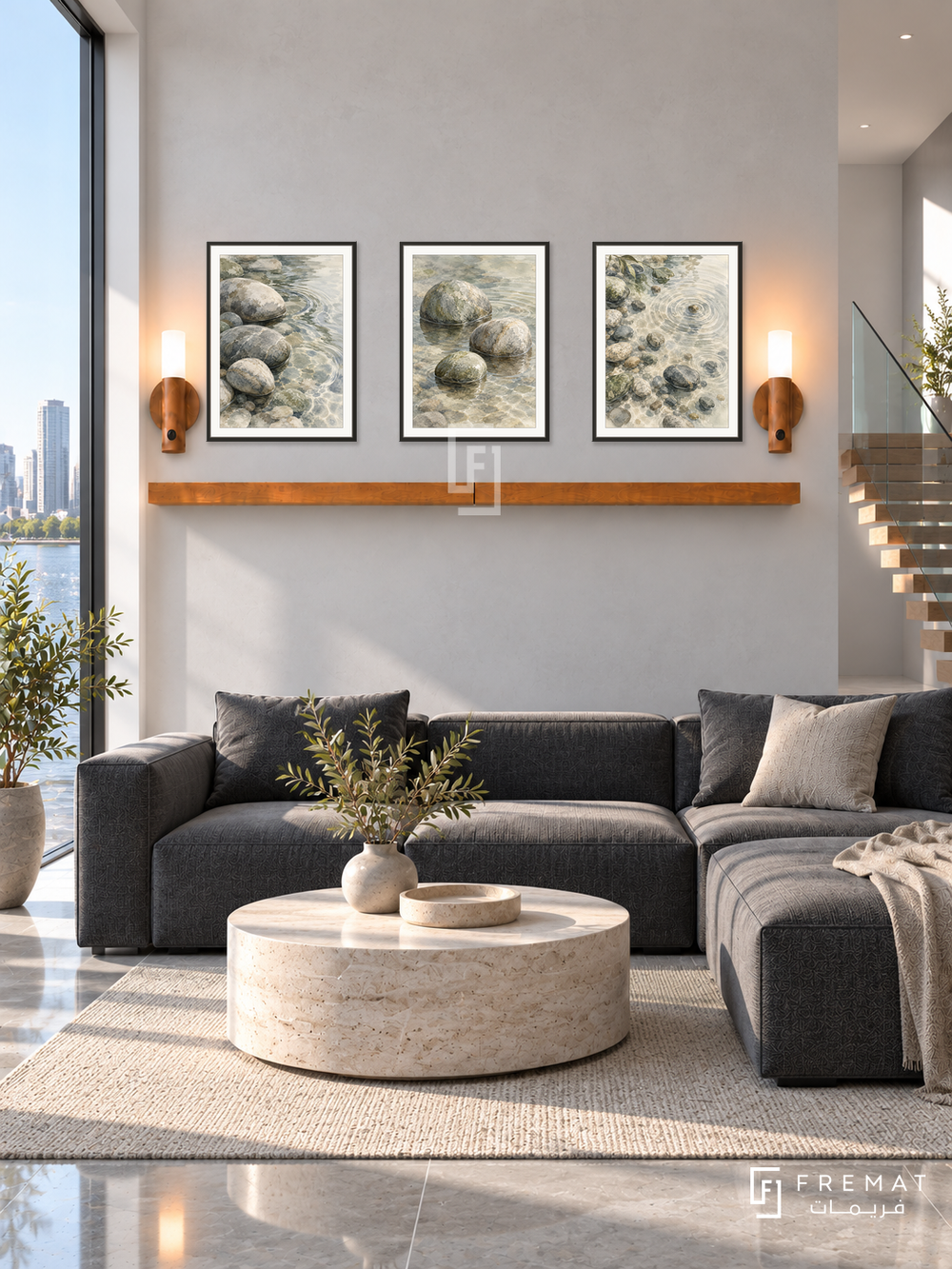 FREMAT River Stones shelf set with three 30 x 40 cm black frames, 2 cm white borders, honey wood shelf and two warm sensor lamps. Morning minimalist riverfront living room, pale concrete wall, charcoal modular sofa, round stone table, polished grey tiles, river view left, open staircase far right.