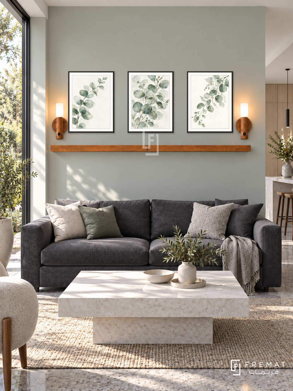 FREMAT Eucalyptus Air shelf set with three 30 x 40 cm black frames, 2 cm white borders, honey wood shelf and two warm sensor lamps. Morning airy modern lounge, pale eucalyptus wall, charcoal linen sofa, rectangular white stone table, grey terrazzo, open kitchen right, garden window left.