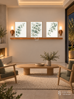 FREMAT Eucalyptus Air shelf set with three 30 x 40 cm wooden texture frames, 2 cm white borders, honey wood shelf and two warm sensor lamps. Night organic modern family room, warm white wall, ash wood lounge chairs with sage cushions, elongated oak table, wool rug, leafy terrace right, stepped ceiling.