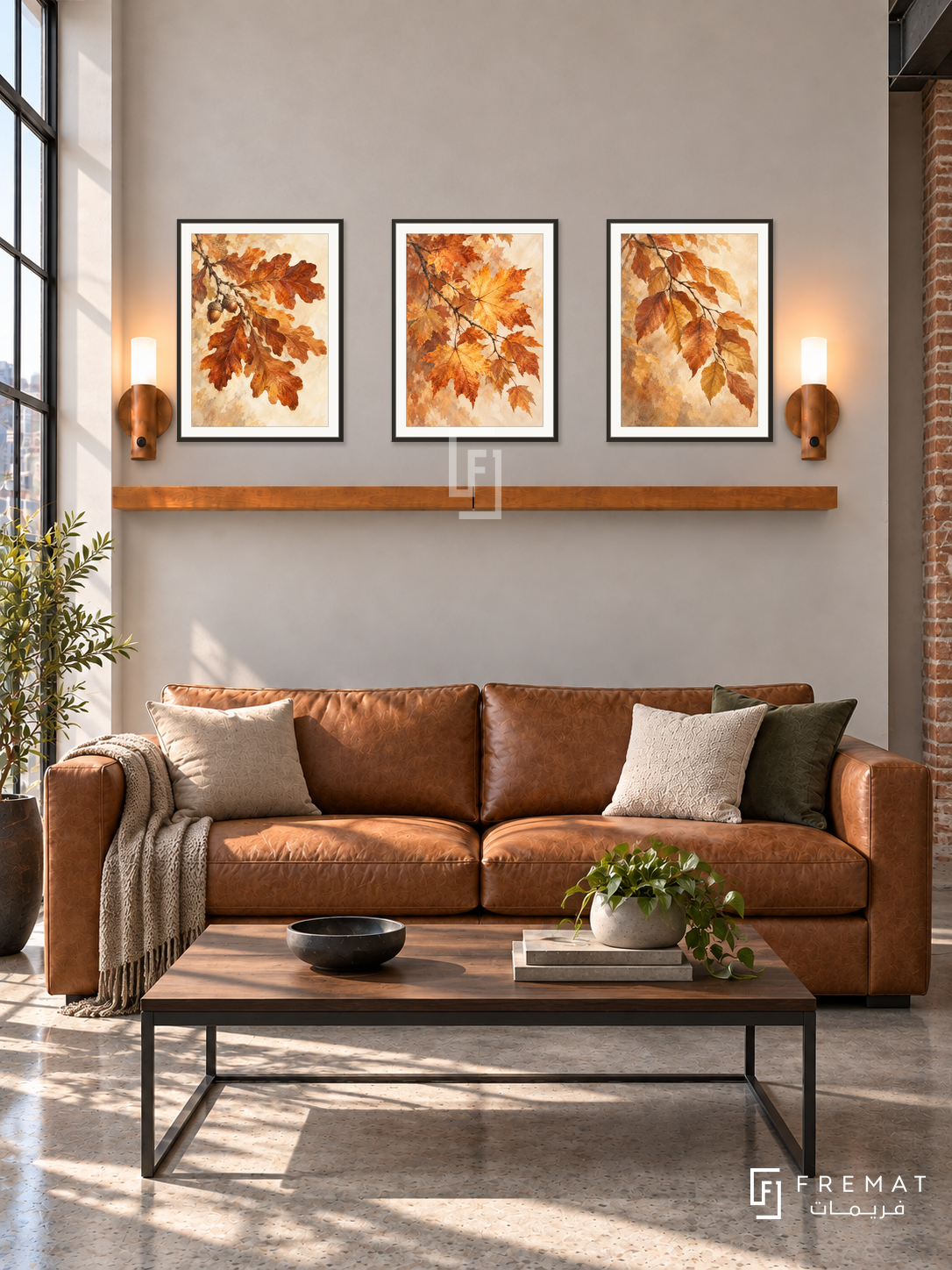 FREMAT Autumn Canopy shelf set with three 30 x 40 cm black frames, 2 cm white borders, honey wood shelf and two warm sensor lamps. Morning loft living room, pale taupe plaster, cognac leather sofa, black steel and walnut table, concrete floor, industrial window left, brick pier far right.