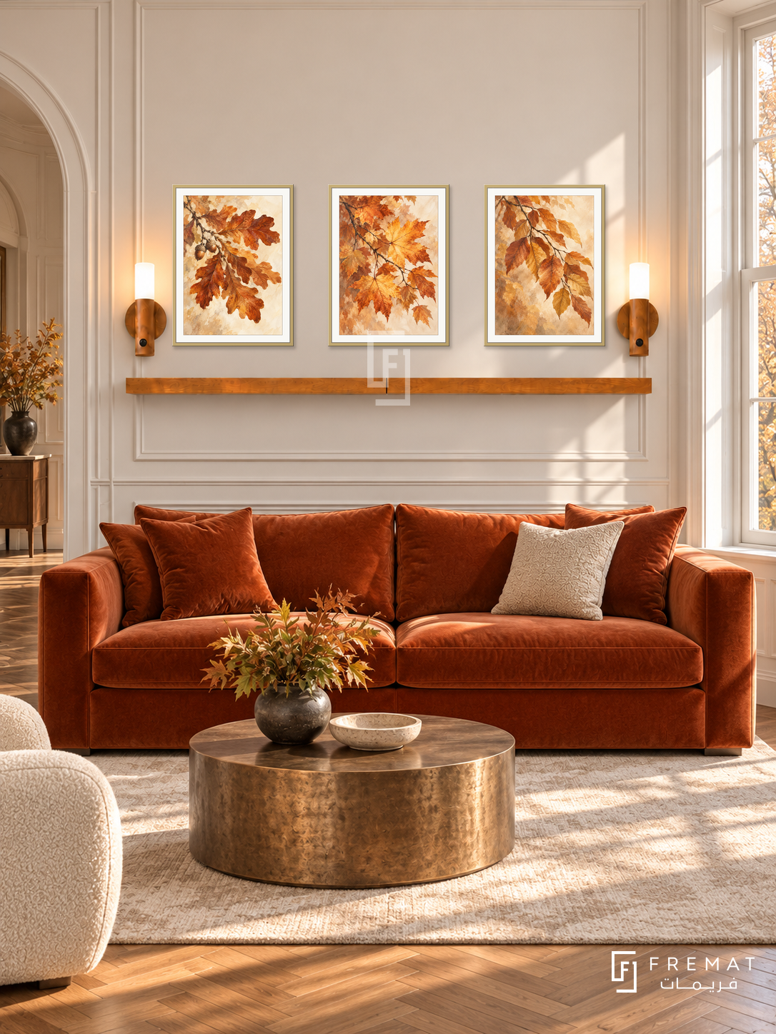 FREMAT Autumn Canopy shelf set with three 30 x 40 cm gold frames, 2 cm white borders, honey wood shelf and two warm sensor lamps. Morning elegant autumn salon, ivory panelling, burnt orange velvet sofa, bronze drum table, herringbone oak, sunlit sash window right and arch left.