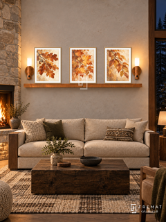 FREMAT Autumn Canopy shelf set with three 30 x 40 cm wooden texture frames, 2 cm white borders, honey wood shelf and two warm sensor lamps. Night rustic modern lodge, pale stone wall, oatmeal sofa with walnut arms, dark timber block table, patterned wool rug, fire alcove left and forest window right.