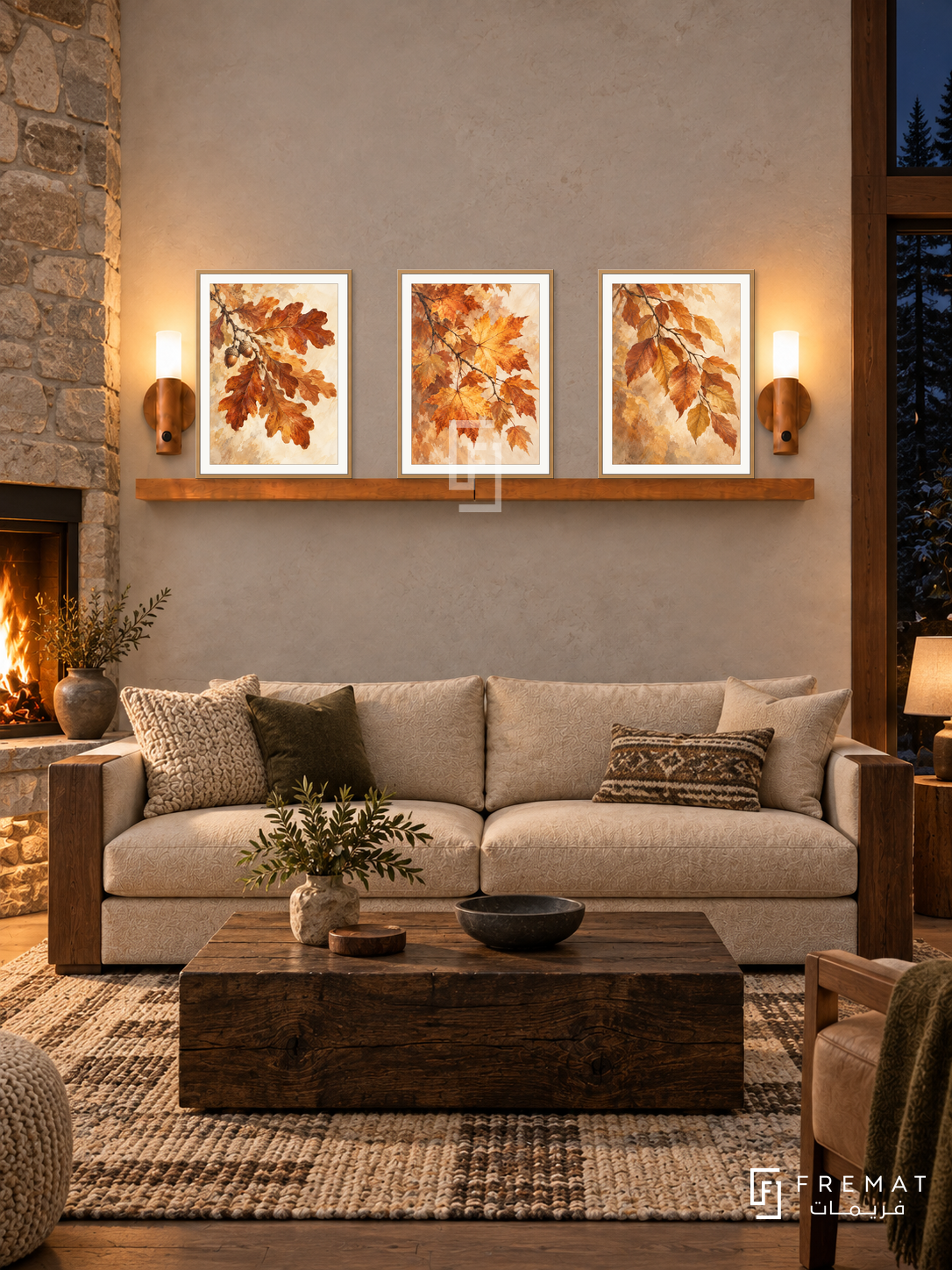 FREMAT Autumn Canopy shelf set with three 30 x 40 cm wooden texture frames, 2 cm white borders, honey wood shelf and two warm sensor lamps. Night rustic modern lodge, pale stone wall, oatmeal sofa with walnut arms, dark timber block table, patterned wool rug, fire alcove left and forest window right.