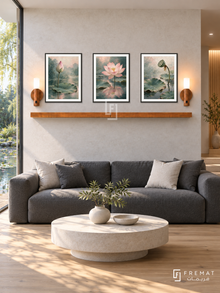 FREMAT Lotus Stillness shelf set with three 30 x 40 cm black frames, 2 cm white borders, honey wood shelf and two warm sensor lamps. Morning Zen contemporary lounge, pale stone wall, charcoal low sofa, circular pale limestone table, light oak floor, lily pond glazing left, quiet alcove right.