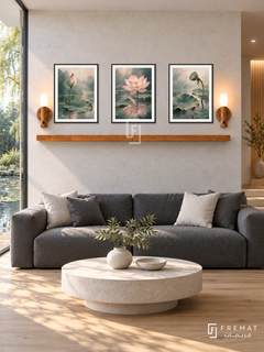FREMAT Lotus Stillness shelf set with three 30 x 40 cm black frames, 2 cm white borders, honey wood shelf and two warm sensor lamps. Morning Zen contemporary lounge, pale stone wall, charcoal low sofa, circular pale limestone table, light oak floor, lily pond glazing left, quiet alcove right.