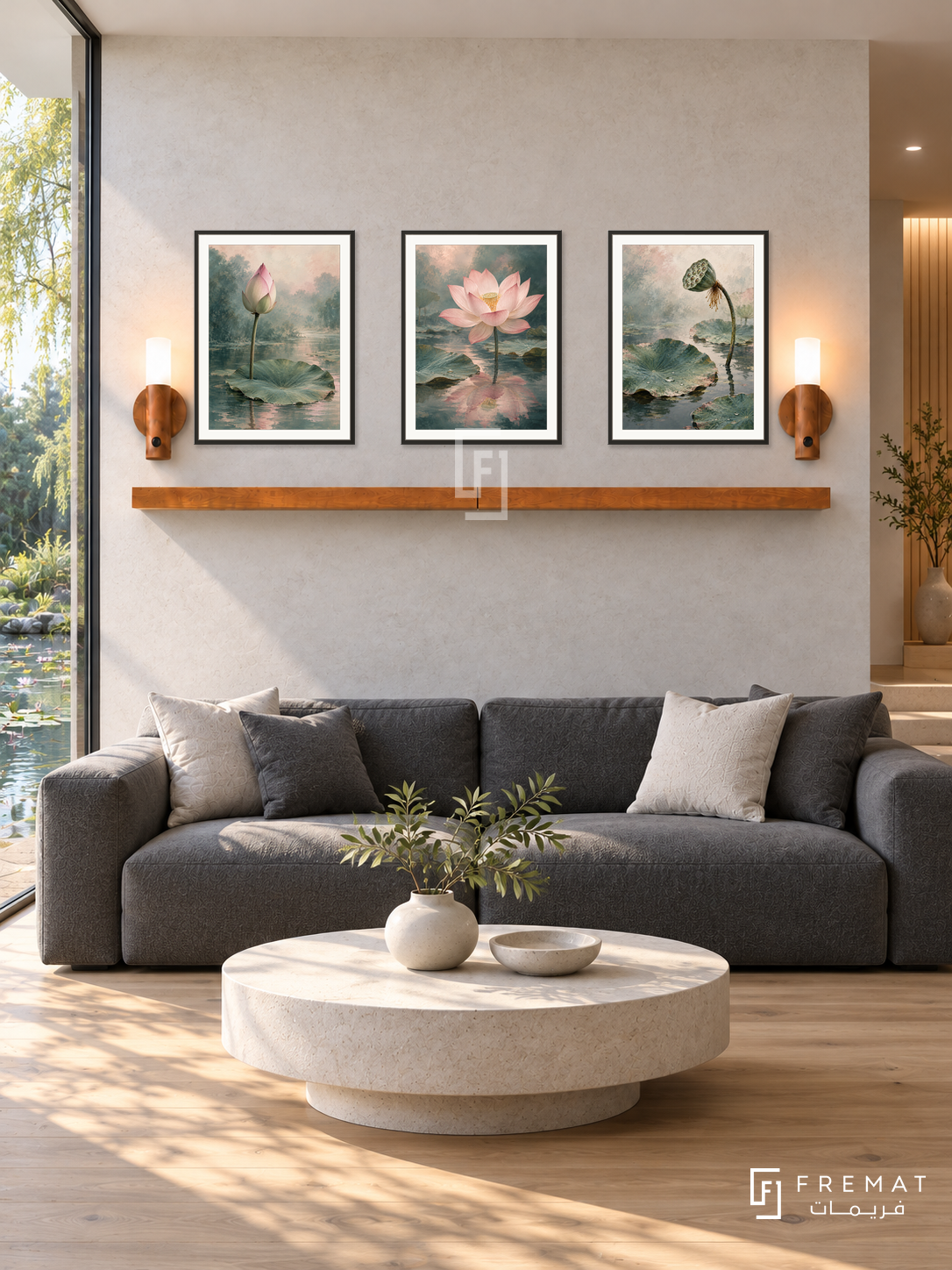 FREMAT Lotus Stillness shelf set with three 30 x 40 cm black frames, 2 cm white borders, honey wood shelf and two warm sensor lamps. Morning Zen contemporary lounge, pale stone wall, charcoal low sofa, circular pale limestone table, light oak floor, lily pond glazing left, quiet alcove right.