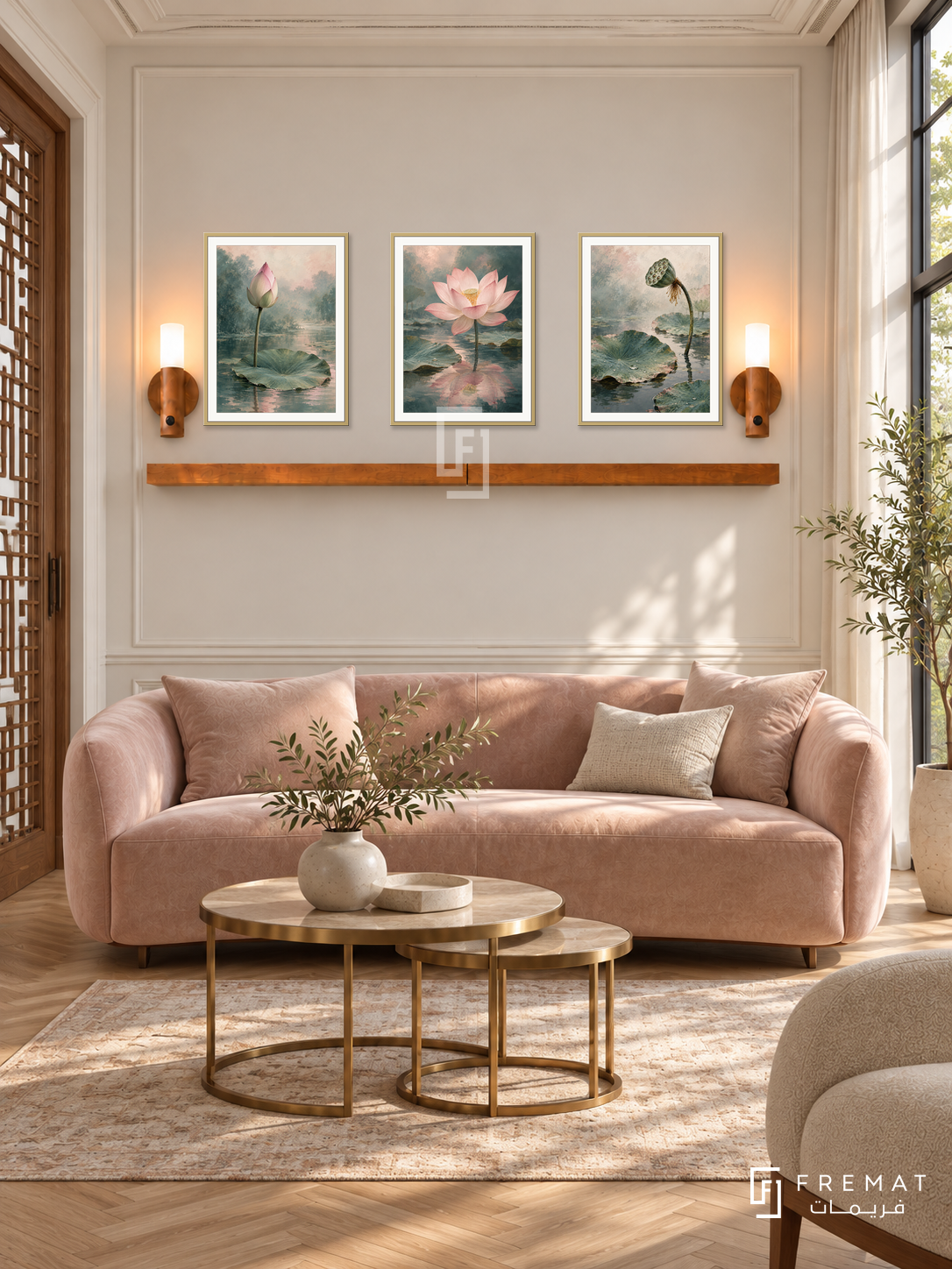 FREMAT Lotus Stillness shelf set with three 30 x 40 cm gold frames, 2 cm white borders, honey wood shelf and two warm sensor lamps. Morning refined Asian-inspired salon, cream moulding, blush velvet sofa, brass nesting tables, herringbone oak, tall window right and fretwork door left.