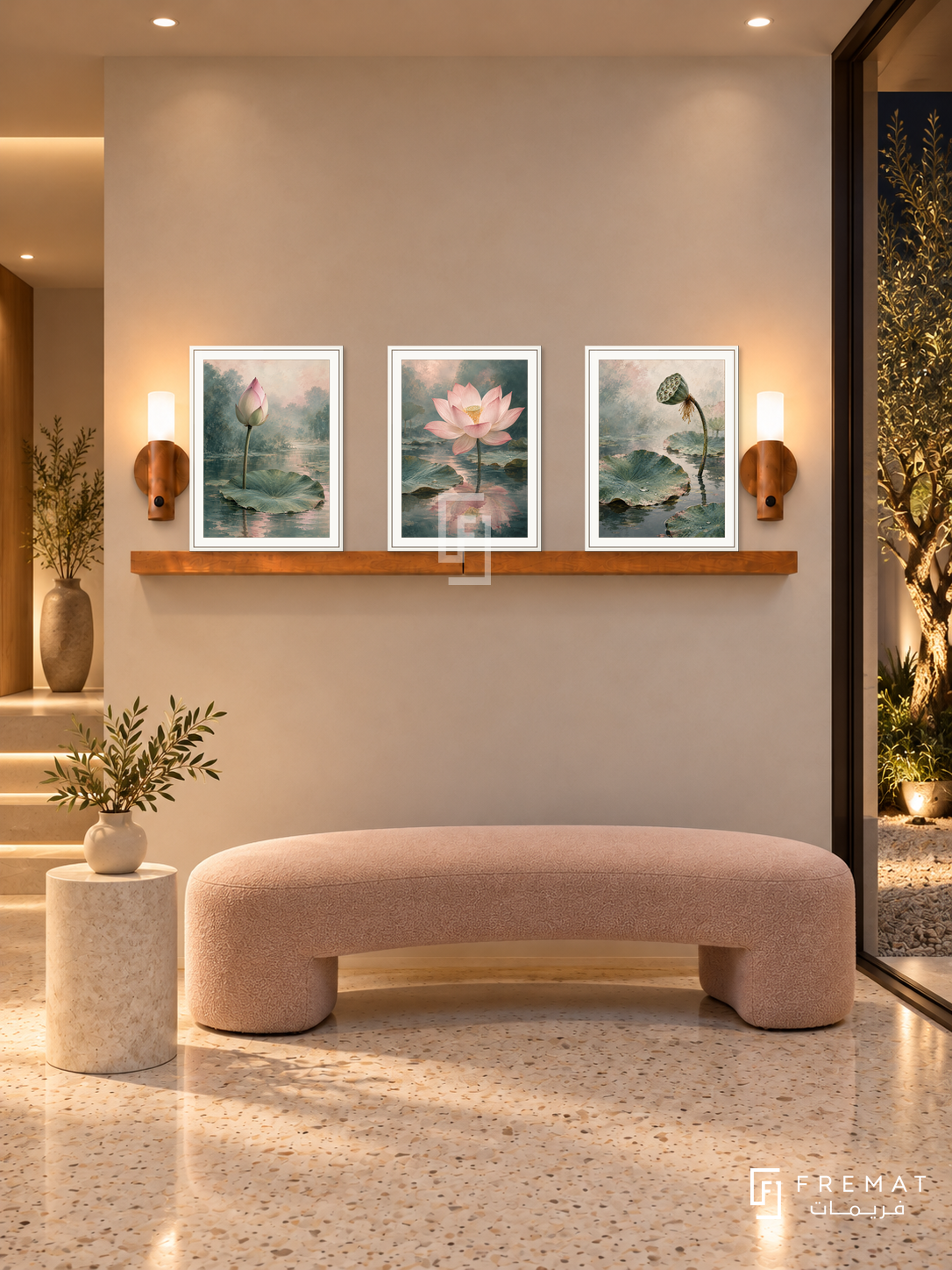 FREMAT Lotus Stillness shelf set with three 30 x 40 cm white frames, 2 cm white borders, honey wood shelf and two warm sensor lamps. Night minimalist spa-like home reception, warm ivory plaster, pale pink curved bench, white stone side pedestal, cream terrazzo, courtyard right, warm recessed ceiling.