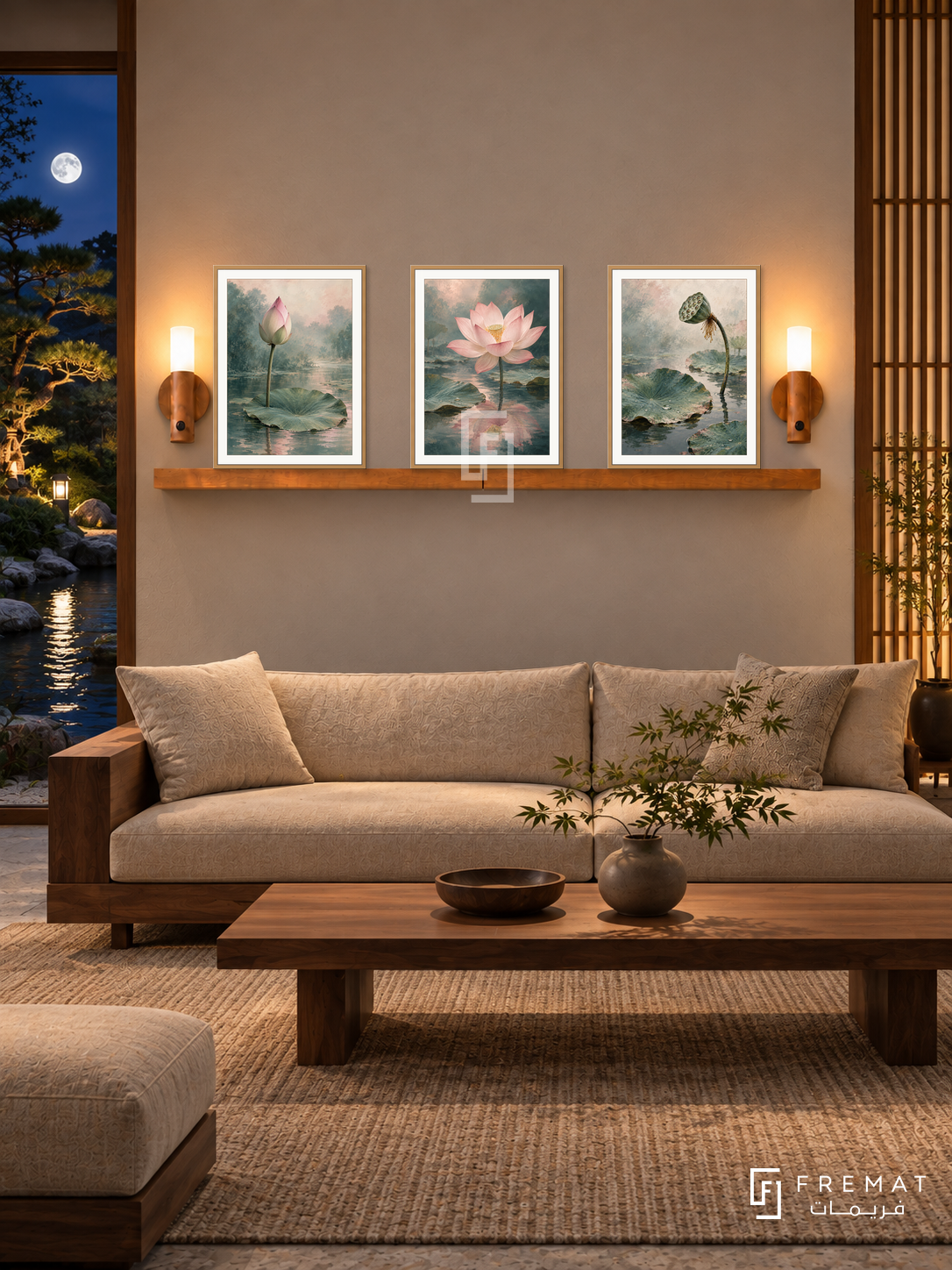 FREMAT Lotus Stillness shelf set with three 30 x 40 cm wooden texture frames, 2 cm white borders, honey wood shelf and two warm sensor lamps. Night Japanese garden living room, pale taupe wall, low walnut sofa oatmeal cushions, long oak table, textured rug, moonlit pond left and timber screen right.
